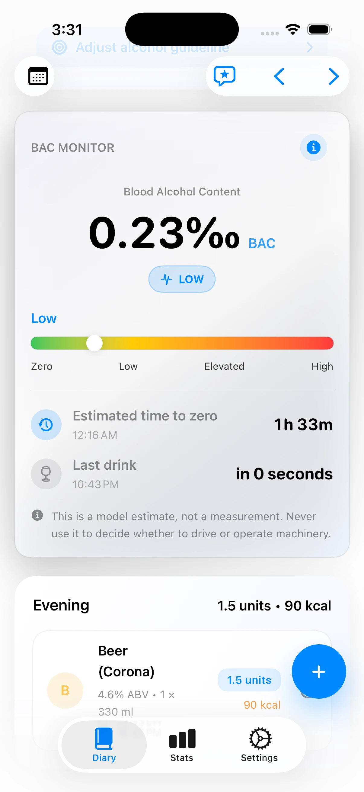 Alcohol Tracker estimated BAC monitor