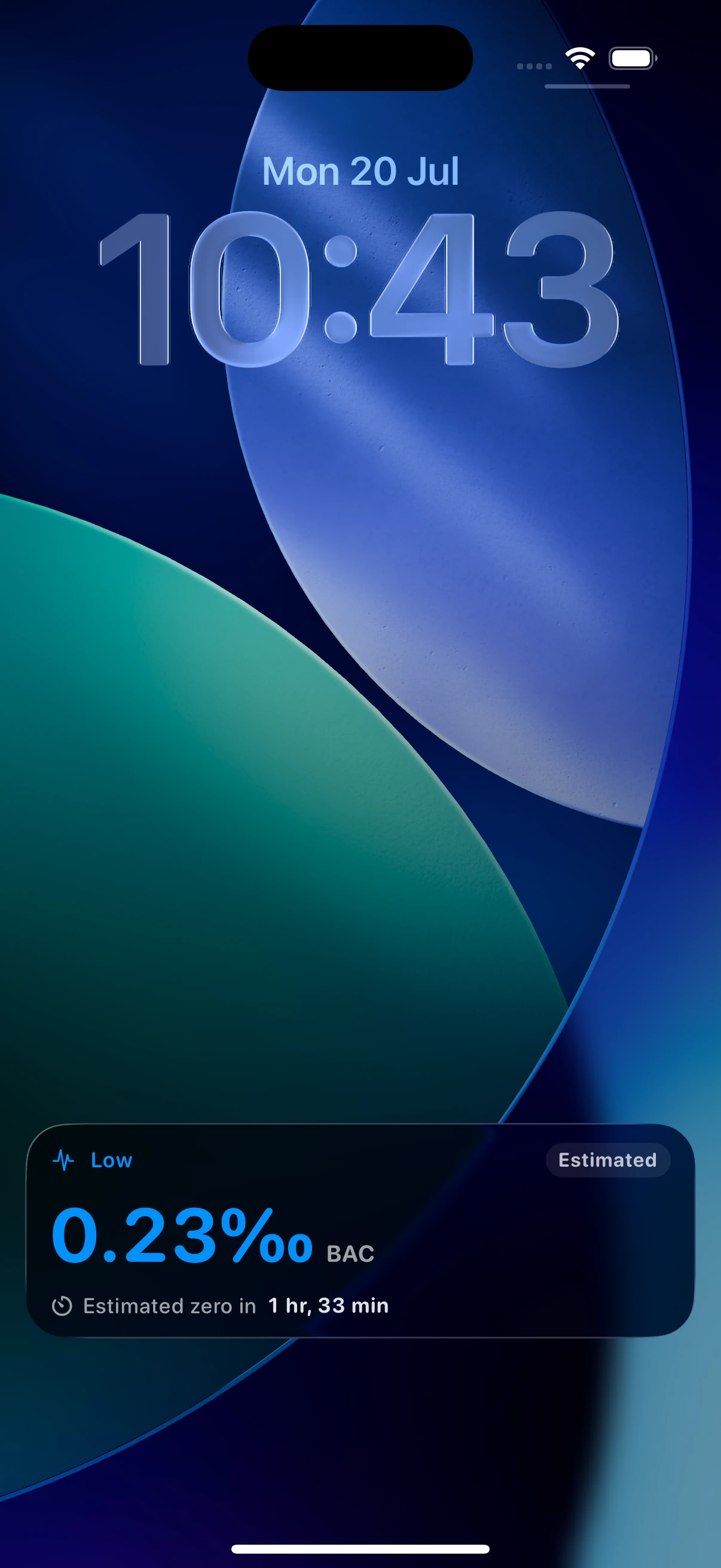 Alcohol Tracker estimated BAC Live Activity on the iPhone Lock Screen